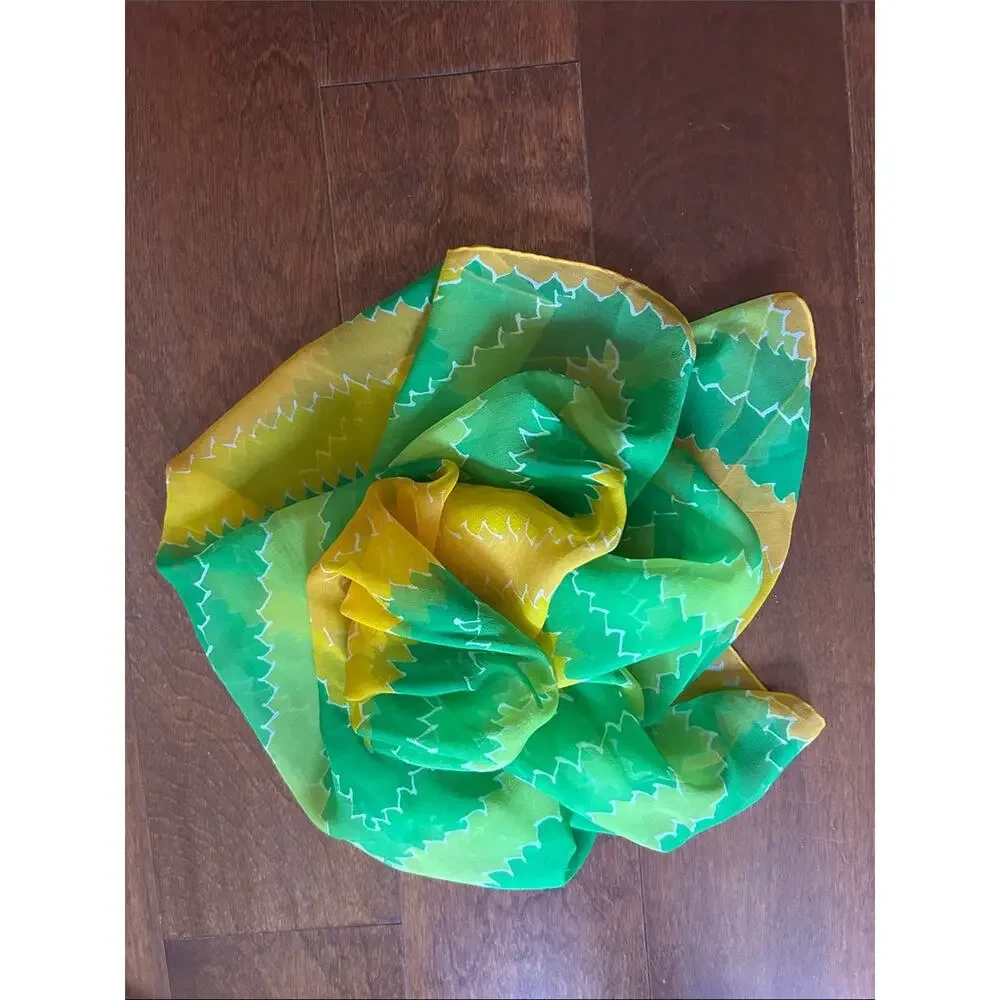 Vintage Silky Lightweight Green and Yellow Geometric Scarf